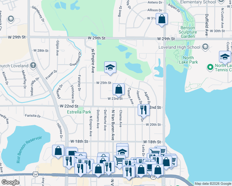 map of restaurants, bars, coffee shops, grocery stores, and more near 2310 North Van Buren Avenue in Loveland