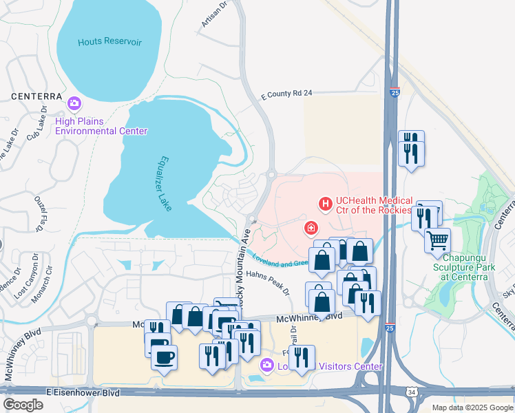 map of restaurants, bars, coffee shops, grocery stores, and more near 2409 Rocky Mountain Avenue in Loveland