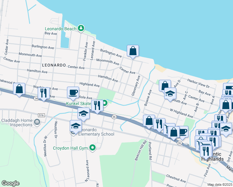 map of restaurants, bars, coffee shops, grocery stores, and more near 18 Highland Avenue in Leonardo