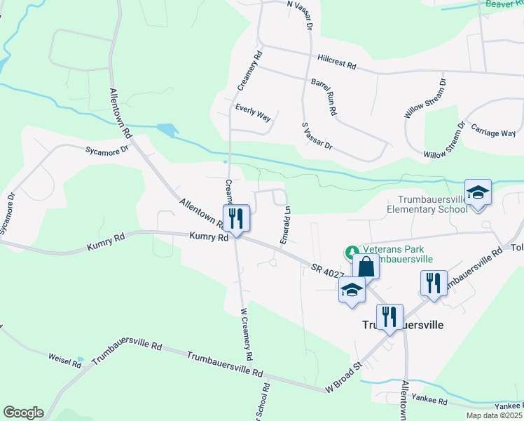 map of restaurants, bars, coffee shops, grocery stores, and more near 2610 Daniels Lane in Quakertown