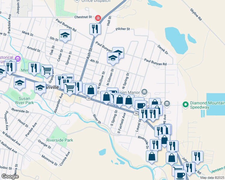 map of restaurants, bars, coffee shops, grocery stores, and more near 150 North Sacramento Street in Susanville