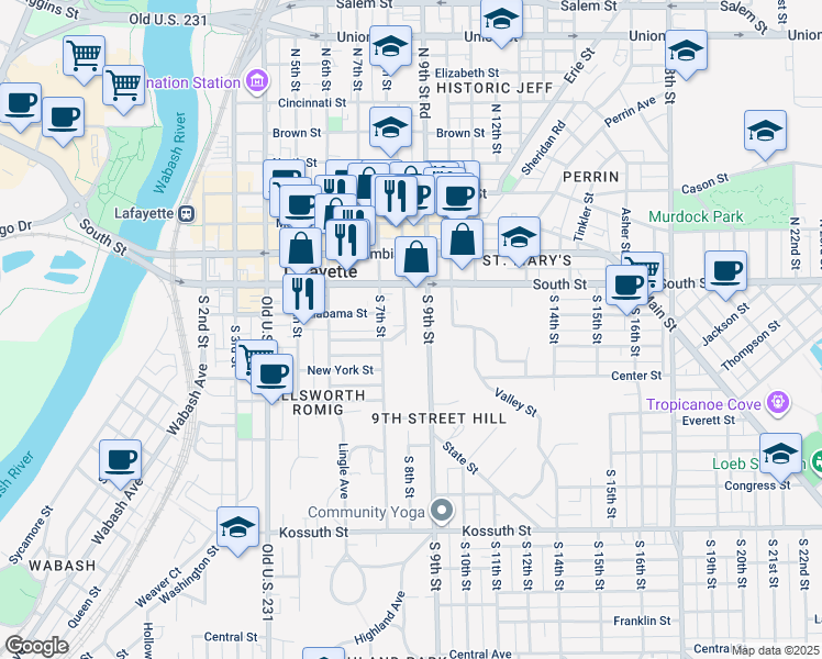 map of restaurants, bars, coffee shops, grocery stores, and more near 115 South 8th Street in Lafayette