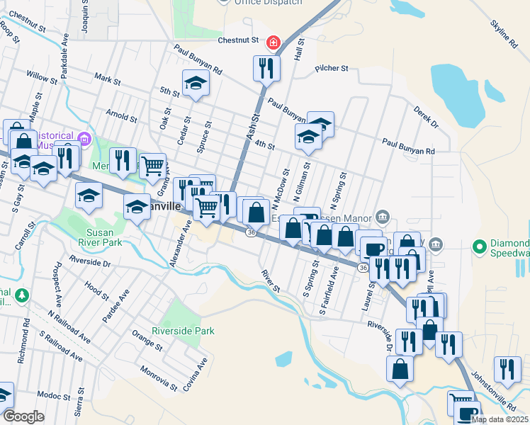 map of restaurants, bars, coffee shops, grocery stores, and more near 1817 1st Street in Susanville