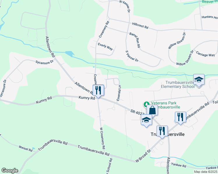 map of restaurants, bars, coffee shops, grocery stores, and more near 2610 Daniels Lane in Quakertown