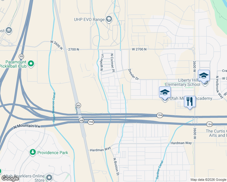 map of restaurants, bars, coffee shops, grocery stores, and more near 2480 East Hudson Way in Eagle Mountain