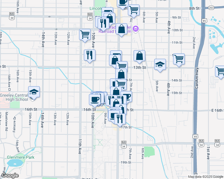 map of restaurants, bars, coffee shops, grocery stores, and more near 811 15th Street in Greeley