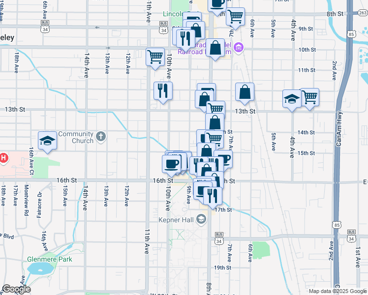 map of restaurants, bars, coffee shops, grocery stores, and more near 1427 9th Avenue in Greeley