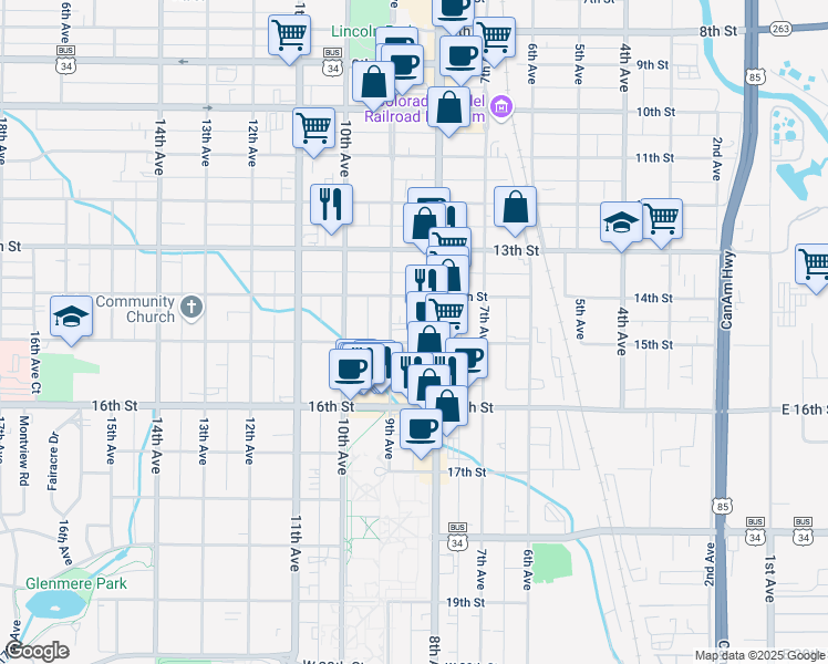 map of restaurants, bars, coffee shops, grocery stores, and more near 1427 9th Avenue in Greeley