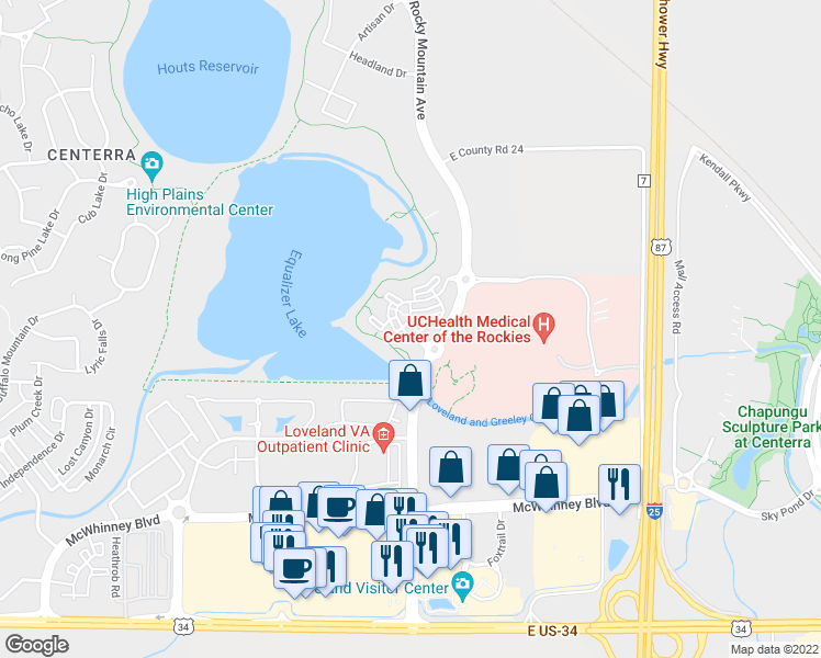 map of restaurants, bars, coffee shops, grocery stores, and more near 2325 Rocky Mountain Avenue in Loveland