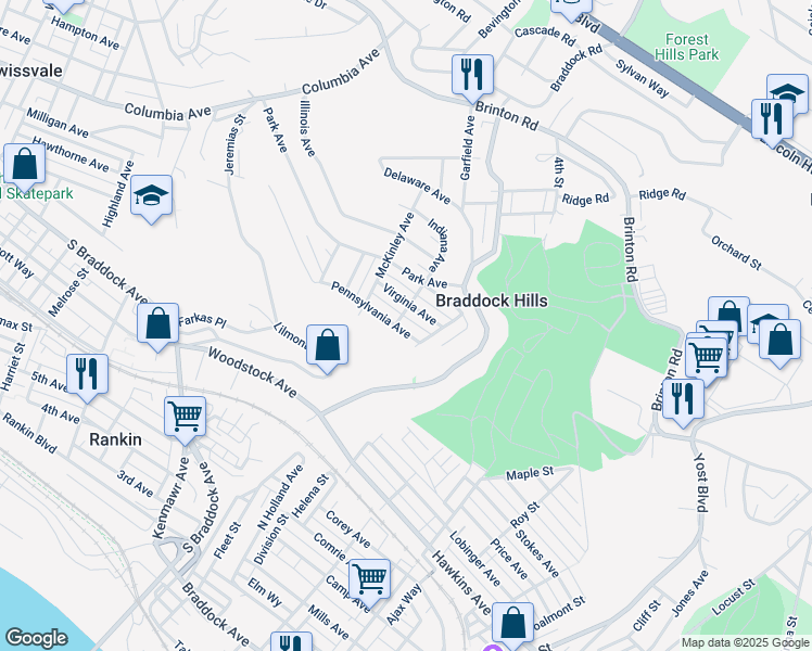 map of restaurants, bars, coffee shops, grocery stores, and more near 305 Pennsylvania Avenue in Pittsburgh