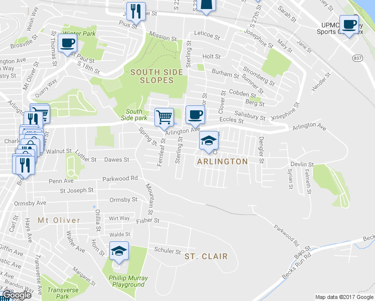 map of restaurants, bars, coffee shops, grocery stores, and more near 2318 Spring St in Pittsburgh