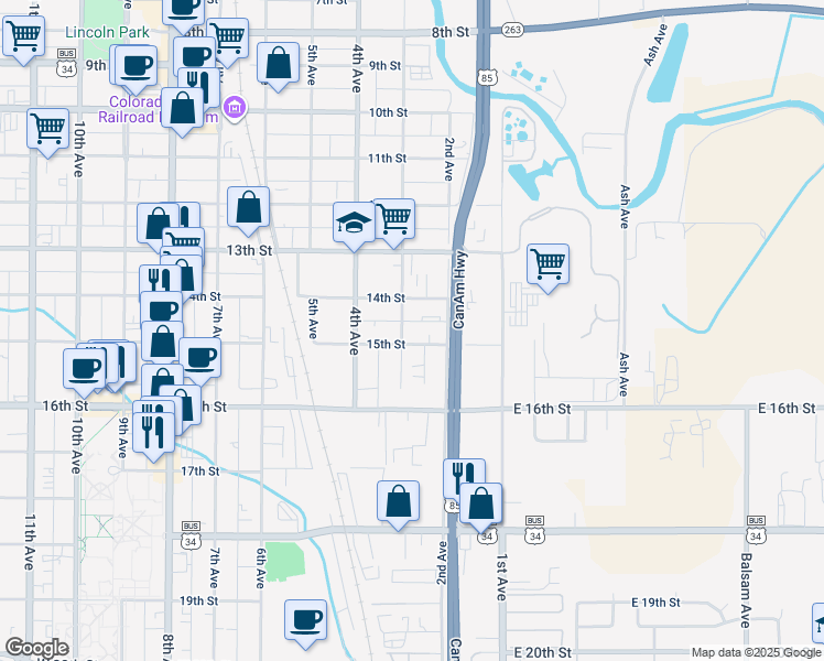 map of restaurants, bars, coffee shops, grocery stores, and more near in Greeley