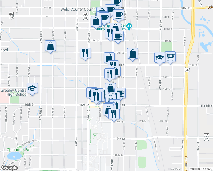 map of restaurants, bars, coffee shops, grocery stores, and more near 1427 9th Avenue in Greeley