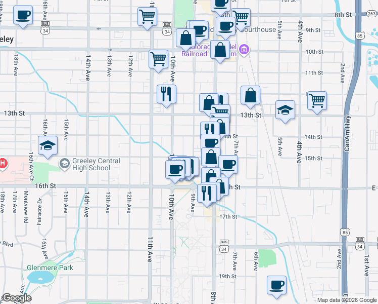map of restaurants, bars, coffee shops, grocery stores, and more near 1427 9th Avenue in Greeley
