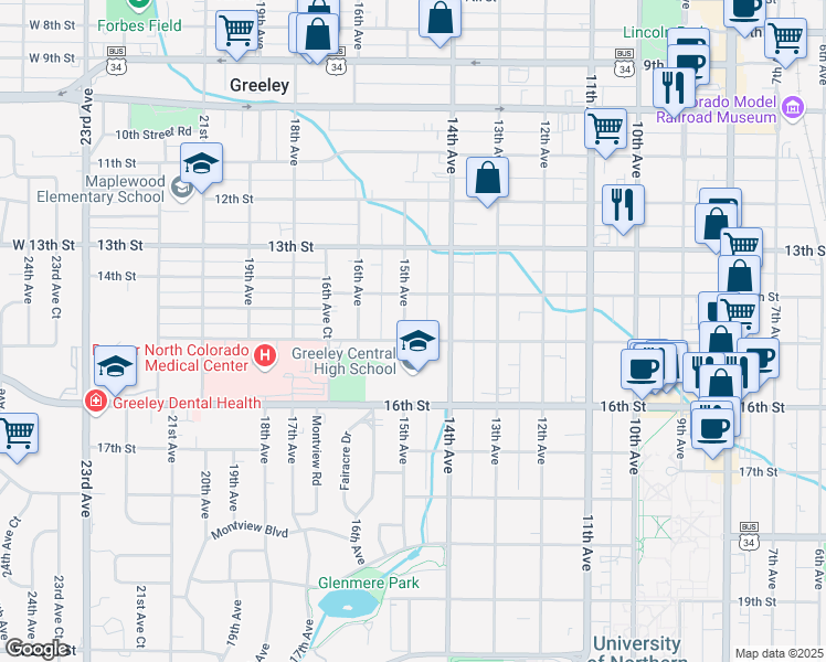 map of restaurants, bars, coffee shops, grocery stores, and more near 1423 15th Street in Greeley