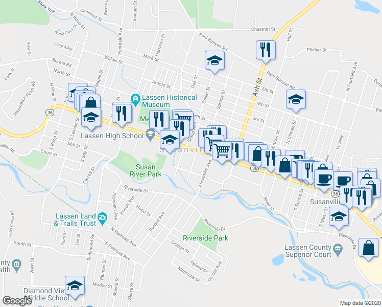 map of restaurants, bars, coffee shops, grocery stores, and more near in Susanville
