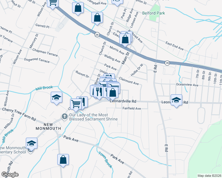 map of restaurants, bars, coffee shops, grocery stores, and more near 873 Main Street in Belford