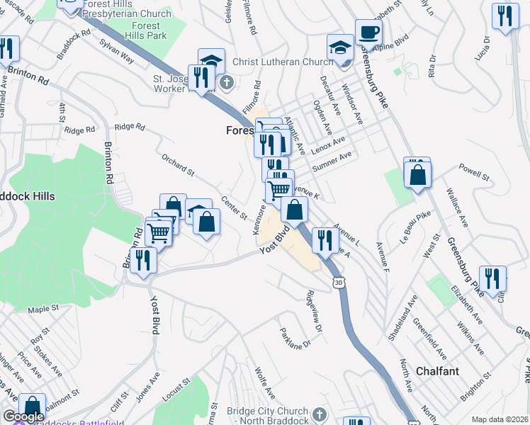 map of restaurants, bars, coffee shops, grocery stores, and more near 39 Kenmore Avenue in Pittsburgh