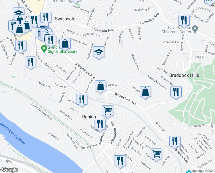 map of restaurants, bars, coffee shops, grocery stores, and more near 2509 Farkas Place in Pittsburgh