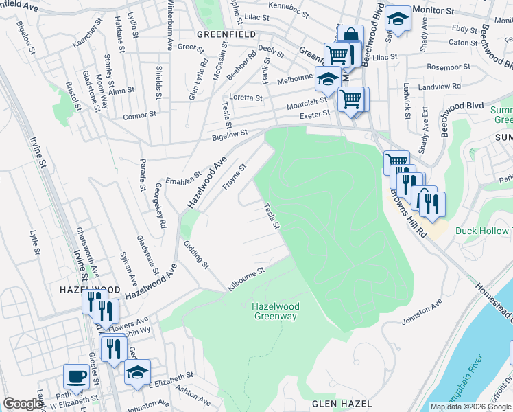 map of restaurants, bars, coffee shops, grocery stores, and more near 232 Blackstone Street in Pittsburgh