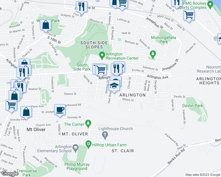 map of restaurants, bars, coffee shops, grocery stores, and more near 2318 Spring Street in Pittsburgh