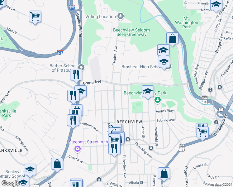 map of restaurants, bars, coffee shops, grocery stores, and more near 1304 Beechview Avenue in Pittsburgh