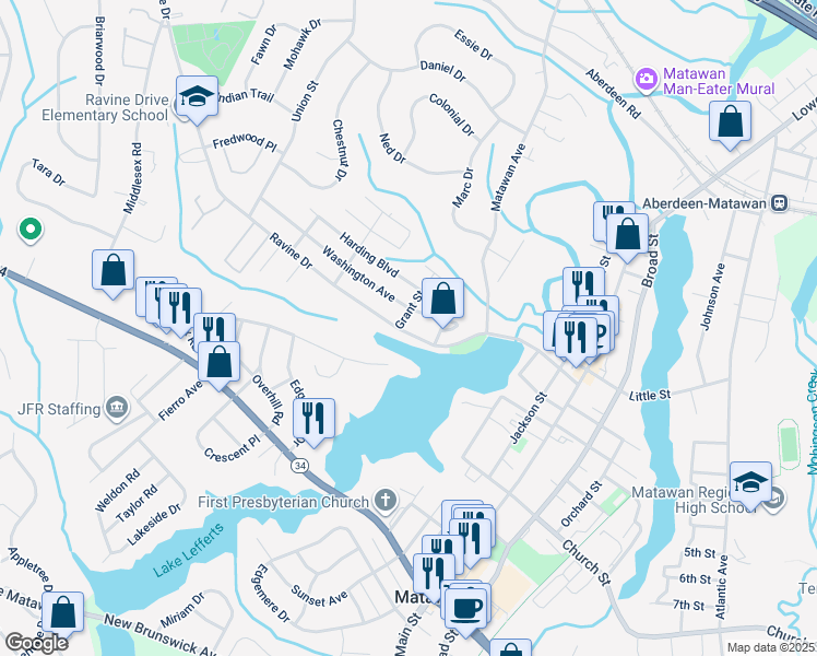 map of restaurants, bars, coffee shops, grocery stores, and more near 43 Ravine Drive in Matawan