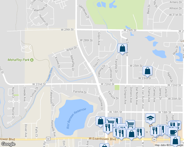 map of restaurants, bars, coffee shops, grocery stores, and more near 2574 Kiowa Drive in Loveland