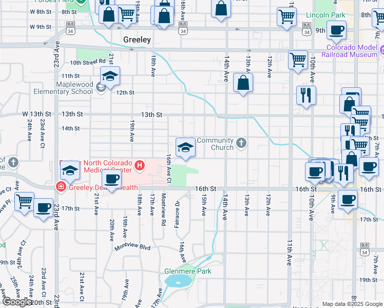 map of restaurants, bars, coffee shops, grocery stores, and more near 1521 15th Street in Greeley