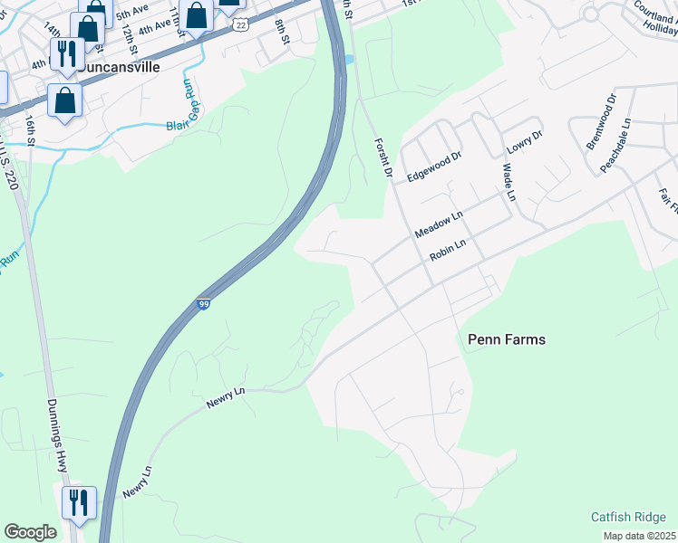 map of restaurants, bars, coffee shops, grocery stores, and more near Greystone Drive in Duncansville