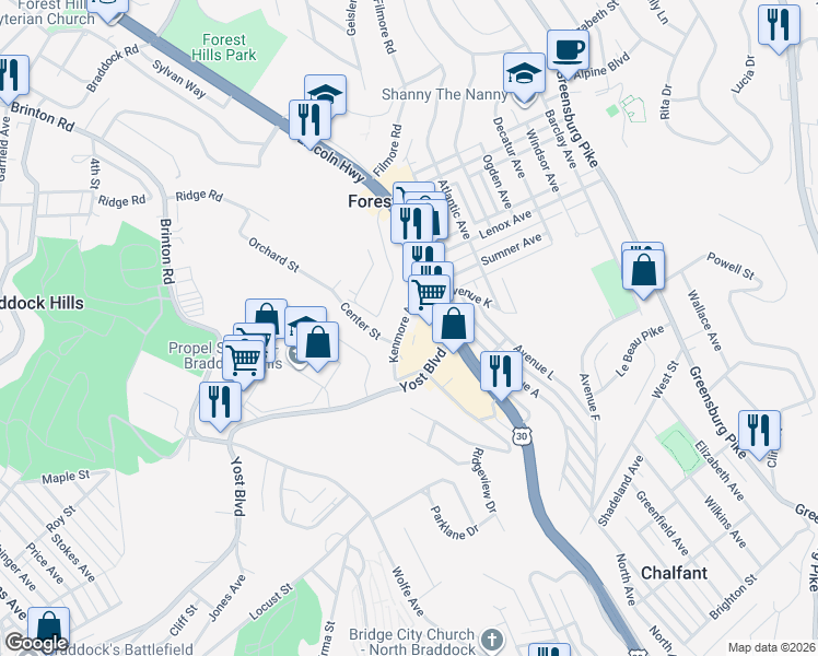map of restaurants, bars, coffee shops, grocery stores, and more near 39 Kenmore Avenue in Pittsburgh