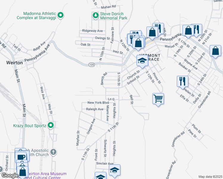 map of restaurants, bars, coffee shops, grocery stores, and more near 124 School St in Weirton