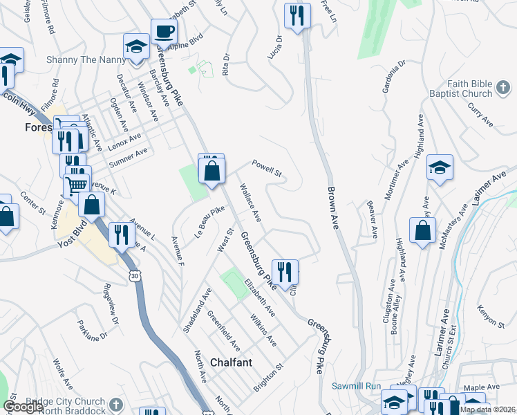 map of restaurants, bars, coffee shops, grocery stores, and more near 133 Wallace Avenue in East Pittsburgh