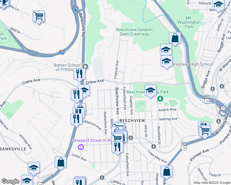map of restaurants, bars, coffee shops, grocery stores, and more near 1304 Beechview Avenue in Pittsburgh