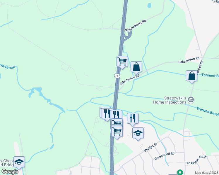 map of restaurants, bars, coffee shops, grocery stores, and more near Jake Brown Rd in Old Bridge Township
