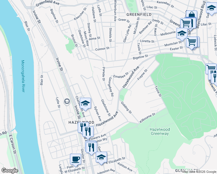 map of restaurants, bars, coffee shops, grocery stores, and more near 4560 Georgekay Road in Pittsburgh