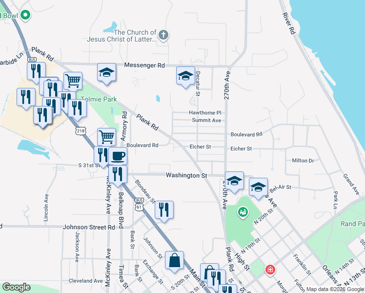 map of restaurants, bars, coffee shops, grocery stores, and more near 401 Eicher Street in Keokuk