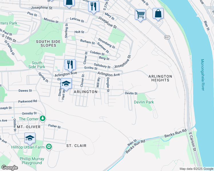 map of restaurants, bars, coffee shops, grocery stores, and more near 132 Dengler Street in Pittsburgh