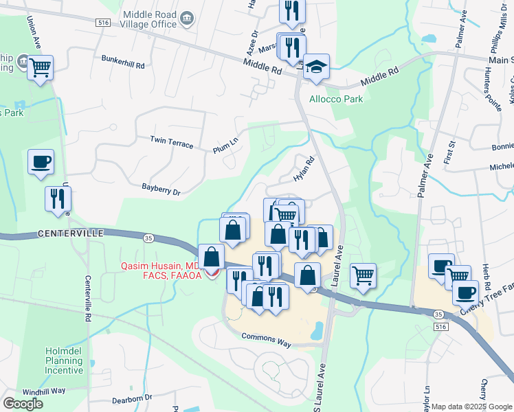 map of restaurants, bars, coffee shops, grocery stores, and more near 35 Bristel Road in Holmdel