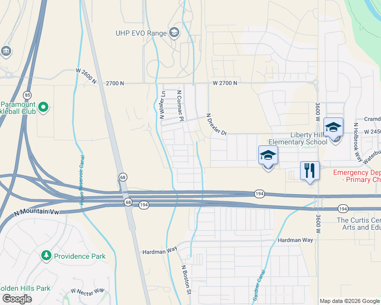 map of restaurants, bars, coffee shops, grocery stores, and more near 2321 North Sunmore Way in Lehi