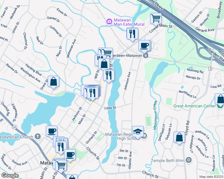 map of restaurants, bars, coffee shops, grocery stores, and more near 55-57 Broad Street in Matawan