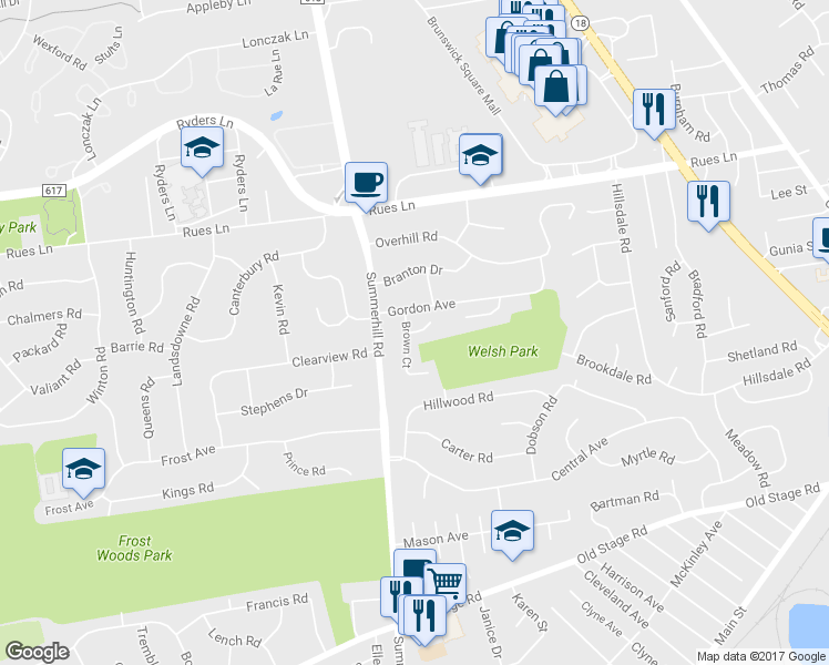 map of restaurants, bars, coffee shops, grocery stores, and more near 3 Martin Court in East Brunswick