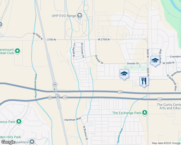 map of restaurants, bars, coffee shops, grocery stores, and more near 2324 North Sunmore Way in Lehi
