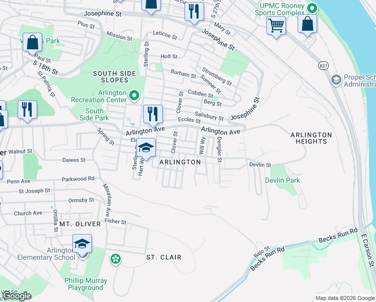 map of restaurants, bars, coffee shops, grocery stores, and more near in Pittsburgh
