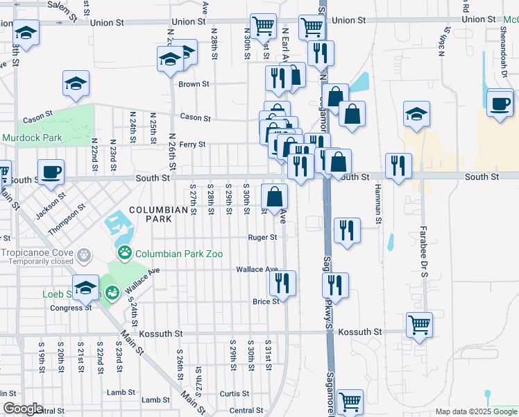 map of restaurants, bars, coffee shops, grocery stores, and more near 102 South 31st Street in Lafayette