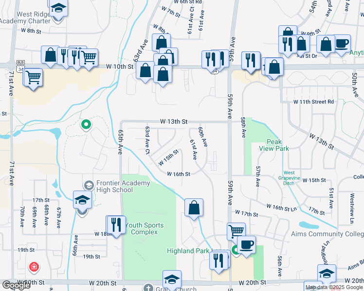 map of restaurants, bars, coffee shops, grocery stores, and more near 6101 West 15th Street in Greeley