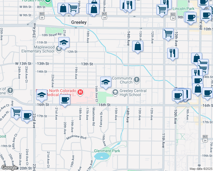 map of restaurants, bars, coffee shops, grocery stores, and more near 1521 15th Street in Greeley