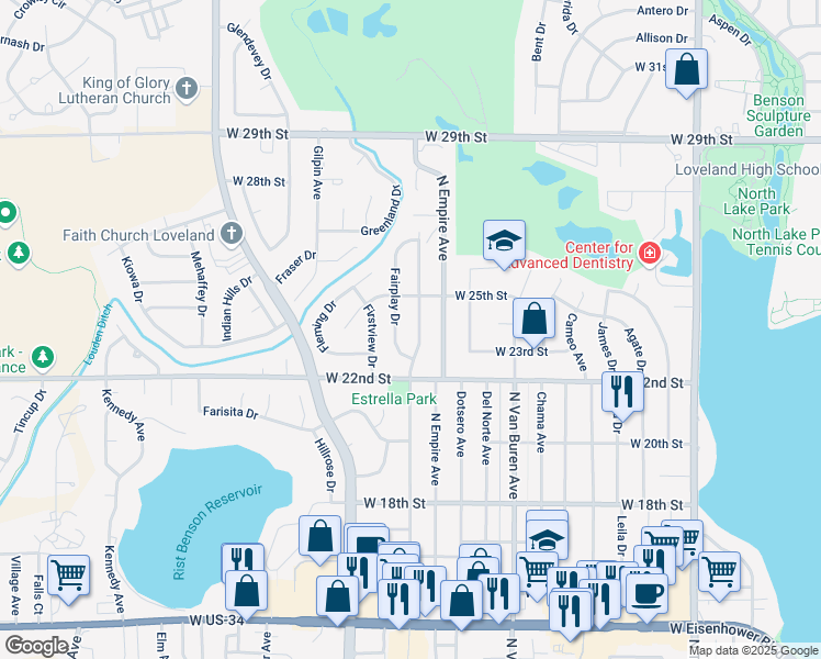 map of restaurants, bars, coffee shops, grocery stores, and more near 2315 North Estrella Avenue in Loveland
