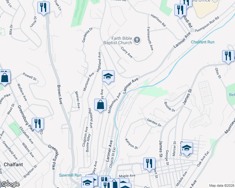 map of restaurants, bars, coffee shops, grocery stores, and more near 707 Larimer Avenue in Turtle Creek