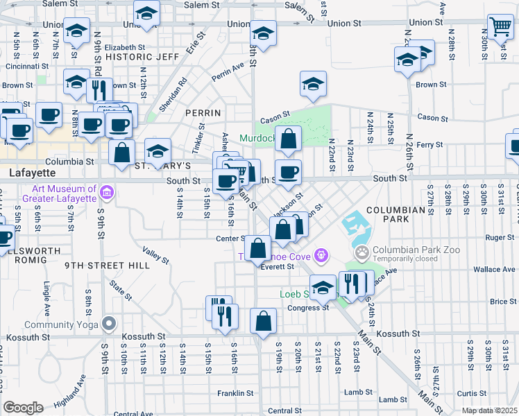 map of restaurants, bars, coffee shops, grocery stores, and more near 1712 Main Street in Lafayette